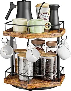 KLM 2 Tier Coffee Bar Organizer Countertop Station Shelf for Home Office, Multi-Functional Coffee Mug Cup Holder Stand, Accessory Storage Rack with 6 Hooks, 360 Rotated Coffee Cup Holder for Counter