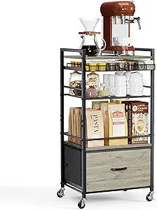 Coffee Bar Cabinet with Storage5 Tier Coffee Station Table on Wheels, 33.6" H Cart with Drawer for Home Kitchen, Liquor Buffet Sideboard Cabinet (Black)