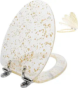 Angol Shiold ELONGATED Gold Resin Toilet Seat Soft Close Quick Release Adjustable Hinges Easy Clean Heavy Duty Toilet Seats Decorative Acrylic Seats (19 Inch, Gold Foil, Upgraded hinge)