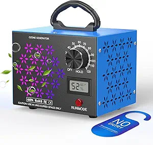120,000mg/h Ozone Generator Machine with Temp/Humidity Display, Triple Side Vents for Enhanced Airflow - Faster & Wider Ozone Odor Eliminator Air Purifier for Home Car Pets, Up to 6000 Sqft, Blue
