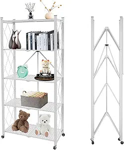 5 Tier Folding Shelf with Wheels,Metal Steel Collapsible Shelves,No Assembly Portable Shelves Organizer Rack,Rolling Standing Utility Rack for Kitchen, Pantry, Office, White
