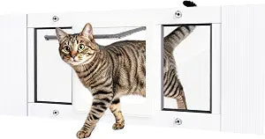 Cat Door for Window Weatherproof: Aluminum Frame Flap Pet Door Quick Fit Window Insert - Easy Adjustable to Fit Windows Width 27"-32" - 4 Secure Lock Modes with Magnetic Closure for Dog Cats