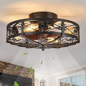 20" Caged Farmhouse Flush Mount Ceiling Fan with Light and Remote Control Bladeless Low Profile Ceiling Fans with Lights Enclosed Vintage Fan 6 Speed Reversible for Kitchen, Bedroom