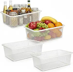 4 Pack Metal Mesh Storage Baskets, Metal Wire Organizer Bins, Stackable Pantry Containers for Kitchen, Cabinet, Fridge, Closet, Bathroom, Makeup and Home Organization(White,Small)
