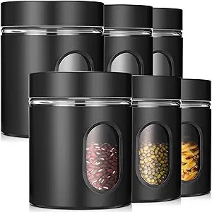 Patelai 6 Pack Kitchen Canisters Set 20 oz Airtight Stainless Steel Canister Food Storage Container with Window Glass, Coffee Sugar Candy Jars Tea Organizer for Flour Cookies Spice Kitchen (Black)