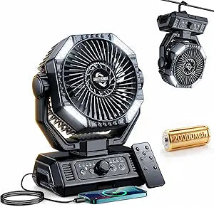 Rechargeable Camping Fan with 20000mAh Battery, 8-Speed Stepless Control, Remote, Auto Oscillating, Dual LED Light & Timer, Hanging Hook for Tent, Beach, Power Outage