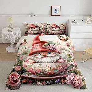 Manfei Cartoon Gnome Bed Comforter Set Queen Size,Pink Rose Garden Botanical Super Soft Microfiber Bedding Set for Adults Men,Watercolor Flower Decorative Comforter Set,3 Pcs