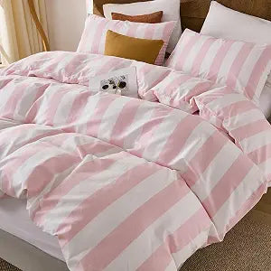 Merryword Pink and White Striped Comforter Set Queen, 100% Cotton Reversible Comforter Set 3 Pcs, Luxury Linen Like Bedding, Soft Breathable Lightweight Comforter for All Seasons