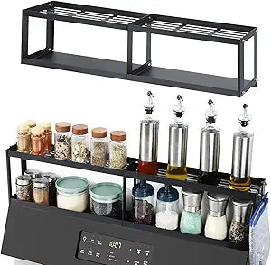 OTraki 2 Tier Strong Magnetic Oven Shelf 30 Inch Length Spice Rack Over The Stove Shelf with 2 Anti-Slip Mats Seasoning & 4 Hooks Kitchen Spice Storage Organizer Black