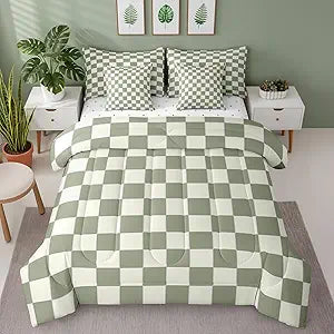 Erosebridal Plaid Full Comforter Set 7 Piece Beige Sage Green Checkerboard Bed in A Bag with Sheets Geometric Checkered Bedding Set for Kids Boys Girls,Aesthetic Grid Bed Set