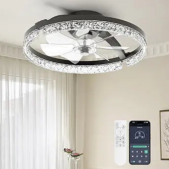 LED Ceiling Fans Foldable with Lights and Remote Flush Mount Ceiling Fan 3000-6500K Dimmable 6 Wind Speeds for Home Bedroom Kitchen Garage Shop Black-Crystal