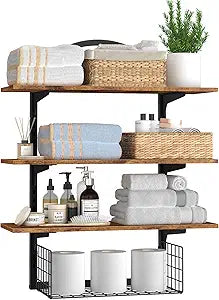 3 Tier Floating Shelf with Storage Baskets, Wall Mounted Bathroom Shelves Over Toilet, Wood Wall Shelves for Kitchen, Bedroom, Living Room, Home Organization and Decor, Rustic Brown