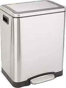 Amazon Basics 30L Dual Bin Soft-Close Trash can with Foot Pedal - 2 x 15 Liter Bins, Stainless Steel, Small Inner bins, Suitable for 1 or 2 People