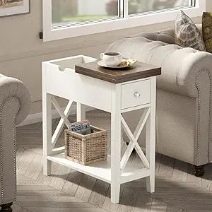 ChooChoo Farmhouse End Table with Drawer, Accent Small Side Table Nightstand for Living Room, Bedroom, and Small Spaces, Soft White