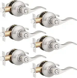 Probrico (6 Pack Privacy Door Lever[Thumb Turn Lock on The Inside],Locking Door Handle Set for Bedroom & Bathroom Doors,Keyless Satin Nickel Finish Wave Door Lock, Reversible Right & Left Side Handed
