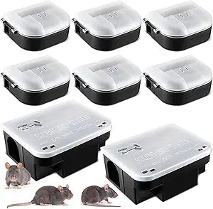 Qualirey 8 Packs Rat Bait Stations & Mouse Bait Stations with Clear Lids and Keys Includes 2 Large Rat Baits Box 6 Compact Rats Traps Bulk for Mice Rats Rodent for Outdoor Indoor Use