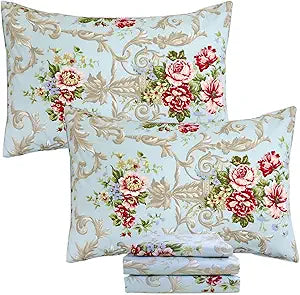 FADFAY Full Sheets Set Blue Rose Floral 100% Percale Cotton, Victorian Vintage Farmhouse Bedding 4Pcs Luxury Shabby Peony French Country 17.7 Deep Pocket Bed Sheets Soft & Breathable for All Seasons