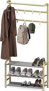 Simple Houseware Coat Rack with Storage Shelf, Freestanding Hall Tree with Hooks for Entryway, Bedroom, Office, Black Metal Clothes Hanger Stand for Coats, Hats, Jackets, Bags - Champagne Gold