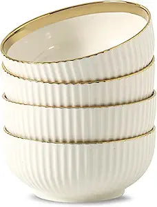 LETAOTAO Cereal Bowl Set of 4, Ceramic Cereal Bowls for Kitchen, 6 Inch Deep Soup Bowls Set, White Bowl Set with Gold Trim, Serving Bowls Set for Salad, Pasta, Oatmeal,Fruits, Decorative Bowls(28oz)
