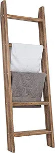 MyGift 4ft Tall Rustic Burnt Natural Wood Wall Leaning Blanket Ladder Shelf with 5 Rungs, Decorative Living Room Throw and Quilt Holder, Farmhouse Bedroom Decor