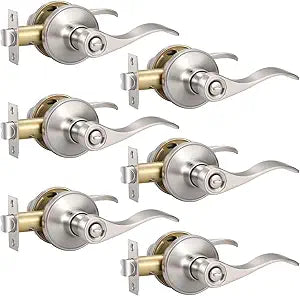 Knobonly 6 Pack Satin Nickel Privacy Door Levers Interior Door Handles for Bedroom and Bathroom Door Knobs Keyless Privacy Door Handles with Lock, Zinc Alloy Reversible for Right/Left