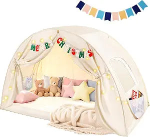 OutdoorMaster Twin Bed Tent for Kids, Bed Tent Twin Size More Headroom, Privacy Space Indoor Floor Bed Canopy with Letters & Flags, Easy Setup Bunk Bed Canopy for Boys, Girls, Toddler