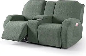 VANSOFY Recliner Loveseat Cover with Middle Console Stretch Reclining Sofa Slipcover for 2 Seat Jacquard Reclining Couch Sofa Covers Furniture Protector with Elastic Straps Bottom (Green)