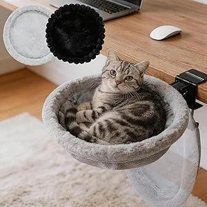 Cat Desk Bed Foldable Sunken Design, 2 Reversible Cushions for All Seasons, Breathable in Summer & Warm in Winter, Kitten Cat Hammock for Table, Space Saving Bedside Circular Cat Bed Supports 40 lbs