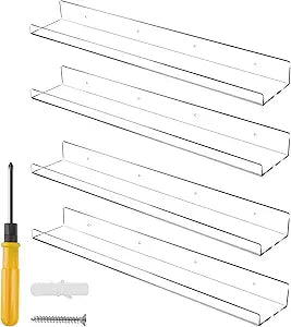 Jansburg 24 Inch Clear Floating Shelves 4 Pack Acrylic Shelves Invisible Floating Wall Ledge Bookshelf 5MM Thick Book Display Shelves Wall Mounted Bathroom Kitchen Organizer