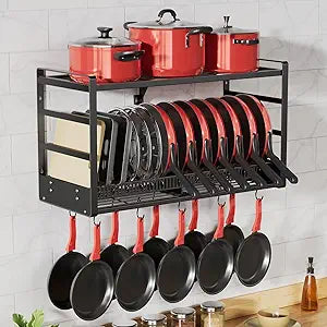 31-Inch Wall-Mounted Pot Rack2-Tier Pots and Pans Organizer with 10 Hooks and 14 Pot Lid HoldersHeavy-Duty Hanging Pot Hanger for Kitchen Storage and OrganizationBlack