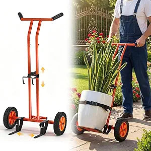 Plant Caddy with Wheels Heavy Duty Plant Dolly Cart with Non-Slip Silicone Grids Adjustable Arm, Straps, Suction Cup, Supports Plants Up to 175 lbs Indoor Outdoor T-Handle Plant Mover for Pots, Orange