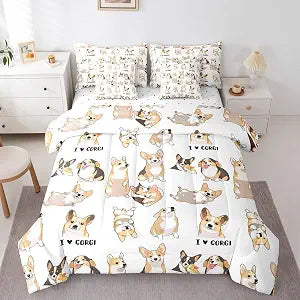 Manfei 7 Pieces Twin Size Cute Corgis Kids Comforter Set,Lovely Dogs Pets Cartoon Bedding Set,Toddlers Kawaii Animals White Yellow���Comforter+Fitted+Flat Sheet+2 Pillowcases+2 Throw Pillow Covers���