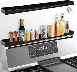30 Inch Magnetic Stove Top Shelf | 3-Zone Kitchen Organizer with Anti-Slip & Anti-Fall Design | Heat Resistant (-40F to 446F) Food-Grade Silicone Spice Rack for Flat-Top Stoves, Black