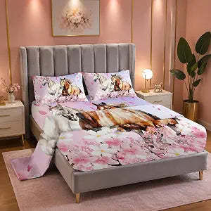 Kids Galloping Horse Fitted Sheet Set 4Pcs Full Animal Theme Handsome Horse Chic Cherry Blossom Bed Sheet Wild Animal Bed Cover for Boy Girl Includes 1 Fitted Sheet,1 Flat Sheet,2 Pillowcases