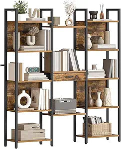 HOOBRO Triple Book Shelf, Industrial Bookshelf with Drawer, 5-Tier Bookcase with Metal Frame, Bookcase with 13 Open Display Shelves for Home Office, Living Room, Rustic Brown and Black BF160SJ01