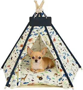Dog & Cat Tent, Cat Houses for Indoor Cats, Pet Cute Cave Washable Cat or Dog Houses, Washable Canvas, Foldable Pet Teepee with Detachable Cushion (Zoo-L)
