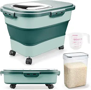 Komzon Rice Storage Containers, Collapsible 20 to 30Lbs Food Storage Bin Dispenser with Rolling Wheel and Clear Airtight Lid, BPA Free Flour, Sugar, Cereal and Dog Cat Pet food Containers