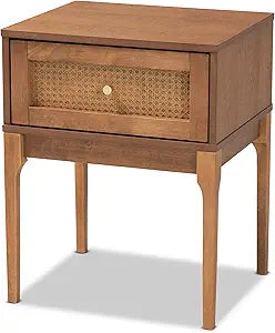 Baxton Studio Ramiel Mid-Century Modern Ash Walnut Finished Wood and Rattan 1-Drawer Nightstand