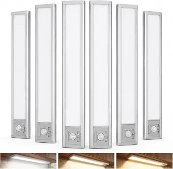 6Pack Aluminum Under Cabinet Lighting, 10inch Rechargeable Ultra-Thin Magnetic Motion Sensor Closet Lights, 3 Colors & Dimmable, USB-C Wireless Under Counter Lights for Kitchen, Pantry, Wardrobe