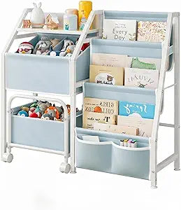 SUOERNUO Kids Bookshelf and Toy Storage Organizer with Bins 3 Tier Montessori Toddler Bookcase for Nursery Playroom Bedroom Wooden Book Shelf - White