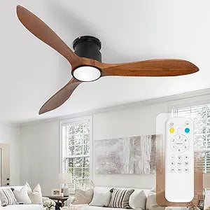 52" Low Profile Ceiling Fan, Flush Mount Ceiling Fan with Lights Remote Control, DC Motor with Wood Blades, 6-Speed & Timer for Bedroom/Living Room/Walnut Wood