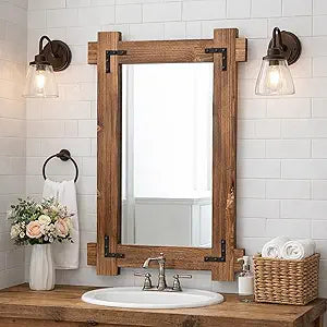 Vercraft Rustic Mirror for Bathroom, Wooden Framed Farmhouse Mirror, Wall Mount Farmhouse Rectangle Decorative Brown Vintage Mirrors for Bathroom Vanity, Bedroom, Entryway, Living Room(20 x 30 Inch)
