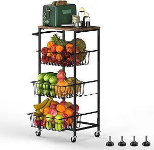 Kitchen Cart with Drawers on Wheels, Industrial Rolling Utility Cart Organizer with Wooden Top & Lockable Wheels, 4 Tier Metal Fruit Vegetable Storage Rack for Jars Drinks Office Bath Supplies, Black