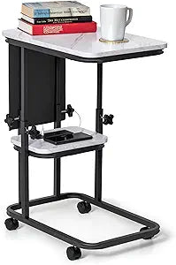 C Shaped End Table with Charging Station, Adjustable Height with Lockable Wheels & Storage Pouch, Rolling Side Table Slide Under Couch Laptop Desk, Small Sofa Table for Living Room (Large)