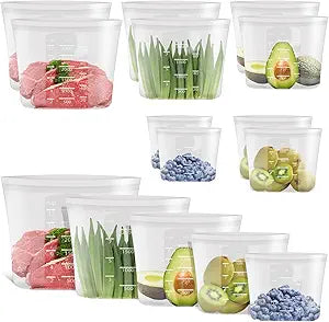 Premium Silicone Reusable Food Bags, Family Storage Set, 10 Pack, 100% Platinum Silicone Food Storage Bag Stand-Up Wide-Mouth Zip-Lock, Microwave Dishwasher Safe, 2XL/2L/2M/2S/2XS, Crystal-Clear