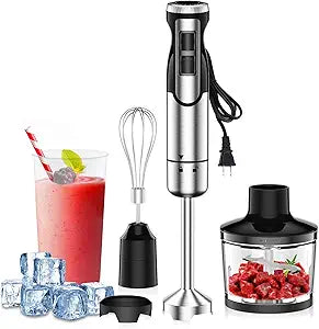Colarlemo 1800W Immersion Blender Handheld 4-in-1 Hand Blender Stick for Ice Crushing Smoothie, Baby Food, Soup, 8 Speed Hand Mixer Turbo Boost Stainless Steel Blade with Whisk, Chopper, Beaker