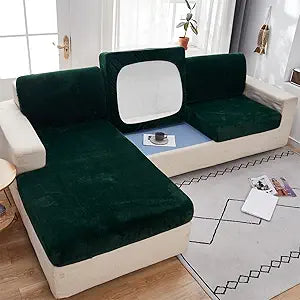 MIFXIN Couch Cushion Slipcover Sofa Cover Velvet Stretch Universal Elastic L Shape Sectional Sofa Seat Cover Wear-Resistant Furniture Protector (Dark Green, Chaise Cover)