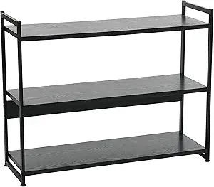 Household Essentials Jamestown Wide 3 Shelf Open Storage Bookshelf Black Oak Wood Grain and Black Metal