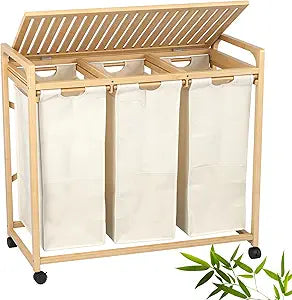 Bamboo Laundry Hamper 3 Section with Lid, 150L Laundry Sorter with Lockable Wheels, Pull-Out Removable Washable Bags, 3  12.5 Gal Divided Laundry Baskets for Laundry Room, Bathroom (Beige)