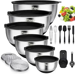 Wildone Mixing Bowls with Airtight Lids, 22 PCS Stainless Steel Nesting Bowls, with 3 Grater Attachments, Scale Marks & Non-Slip Bottom, Size 5, 4, 3, 2,1.5, 0.63QT, Ideal for Mixing & Prepping